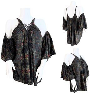 Sea Gypsies Floral Lace Up Cold Shoulder Top SZ L $69